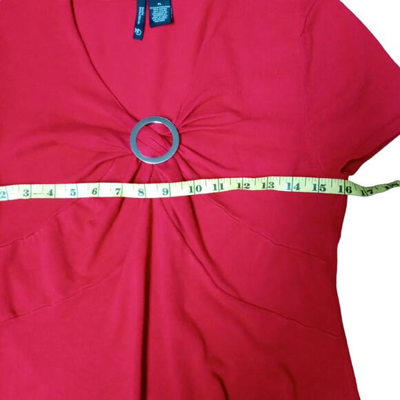 Womens Teen Red Top V Neck Top Metal Accent Buckle Gathered Front T Shirt PL - Picture 6 of 13